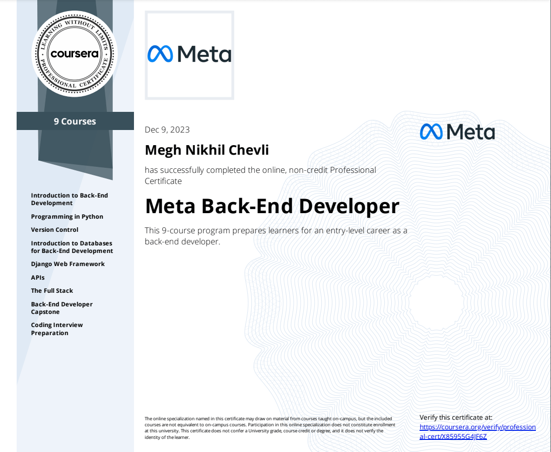 Meta backend web developer professional certificate