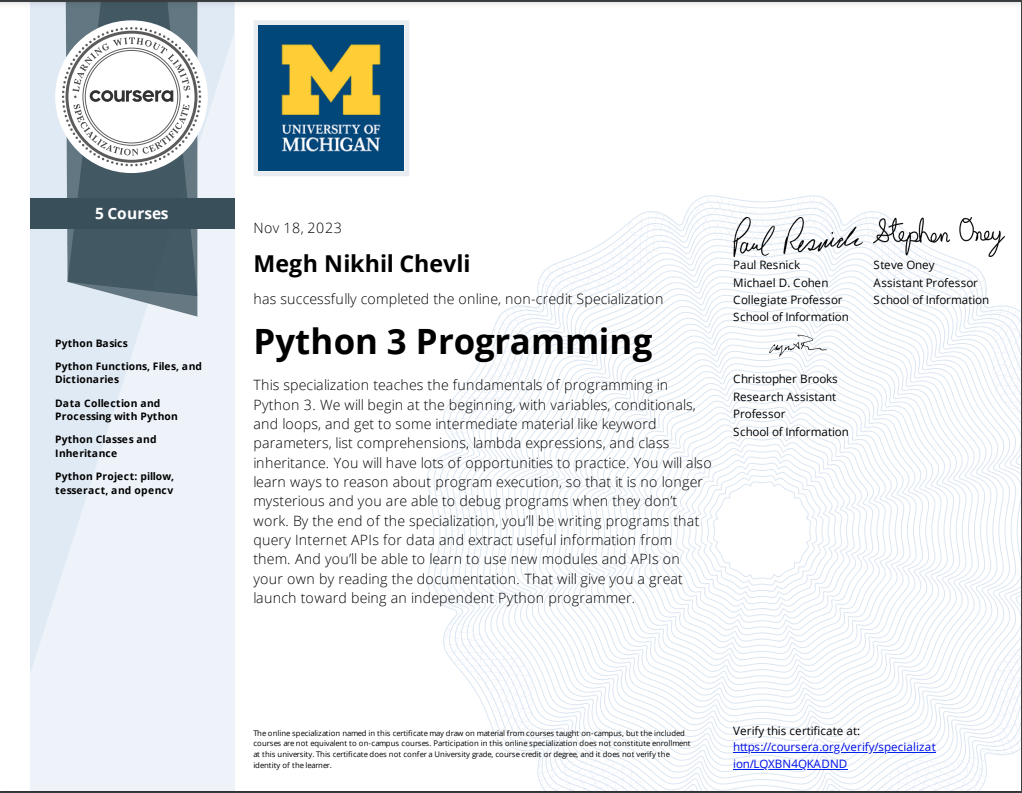 University of michigan python 3 programming certificate